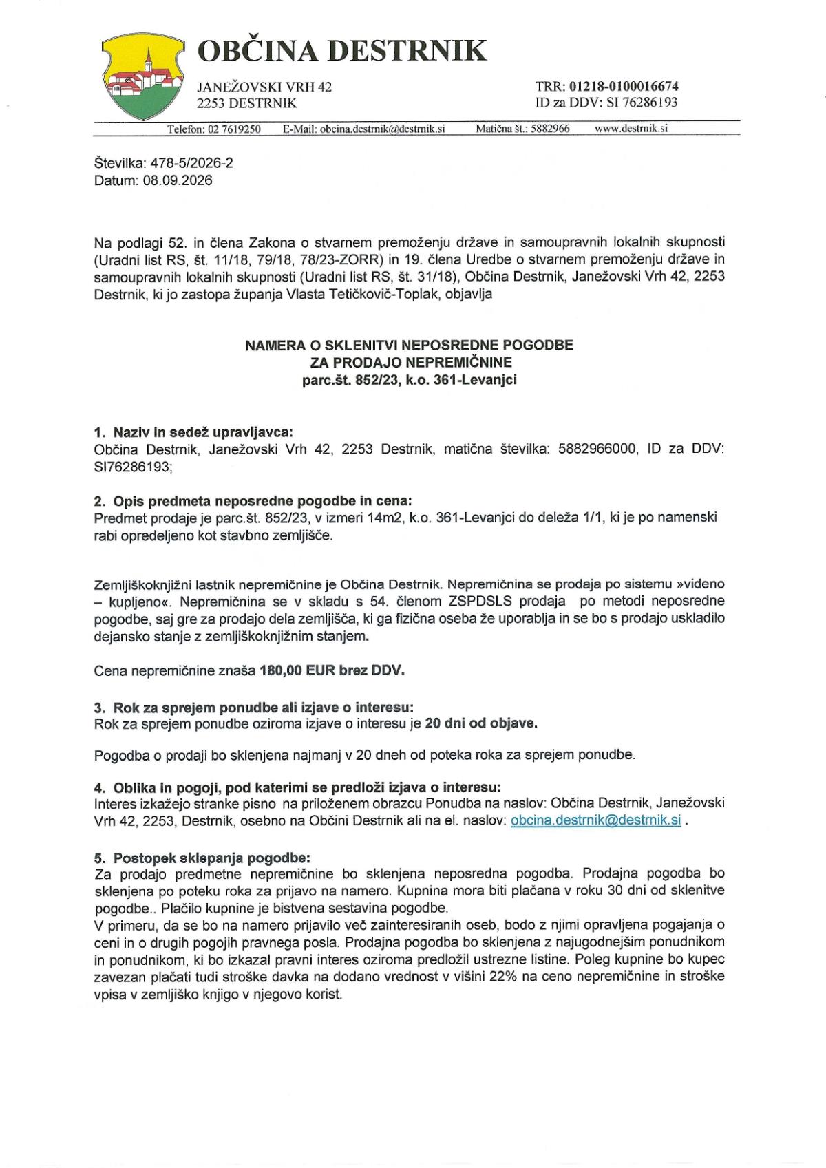 Namera o sklenitvi neposredne pogodbe za prodajo nepremičnine parc. št. 85223 k.o Levanjci_page-0001